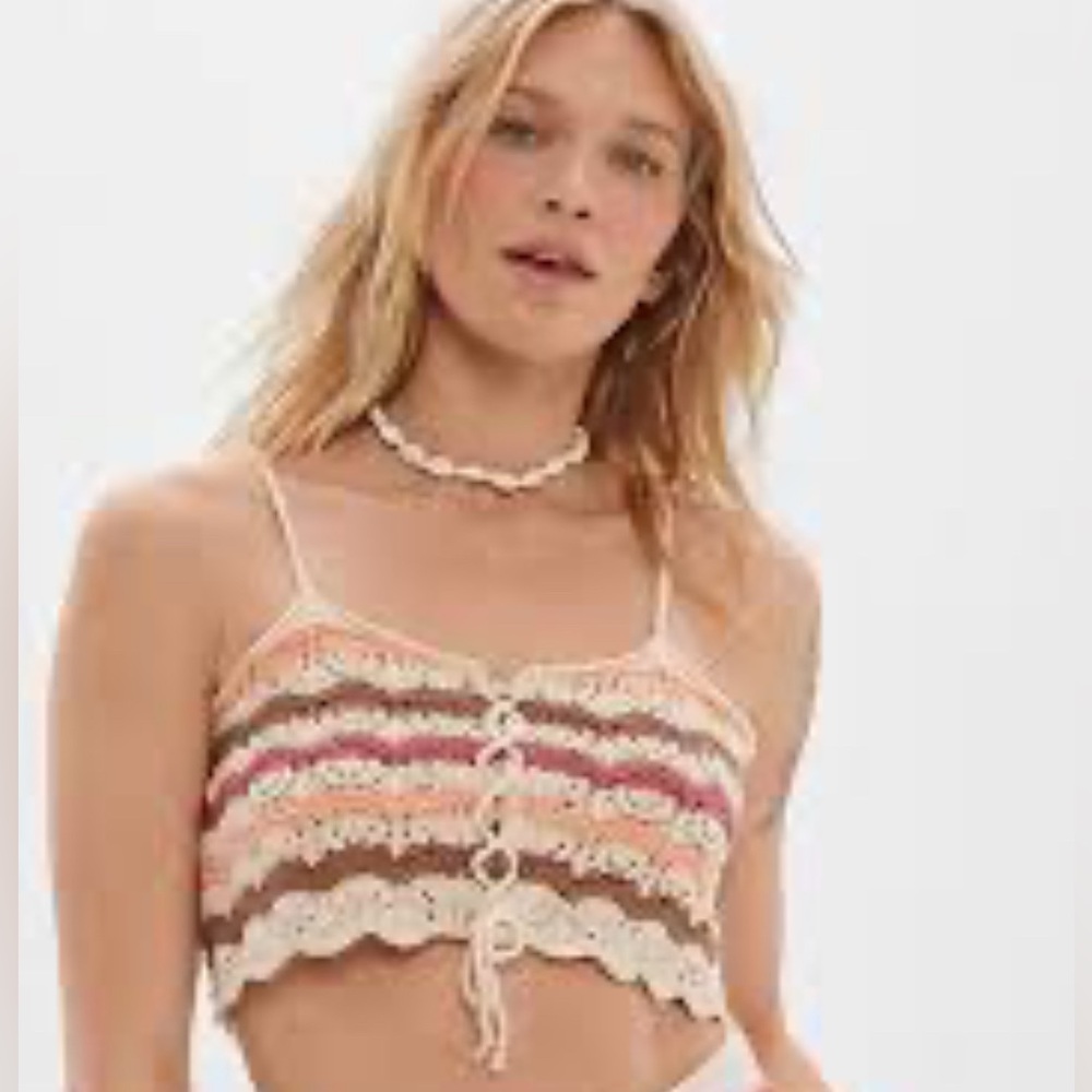 American Eagle Crochet Striped Crop Top - Cream, Brown, Pink